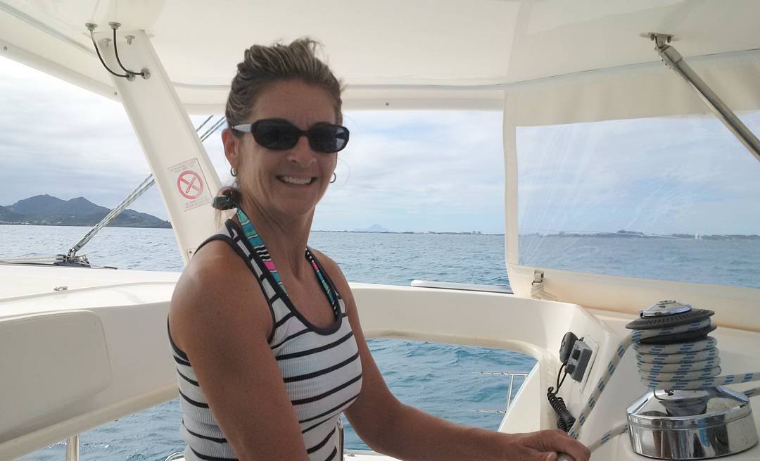 Captain Cindy at the helm during some sea trials. Lots of great sailing over the last 2 weeks in