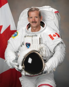 Photograph official portrait of Canadian Astronaut Chris Hadfield in EMU suit.  Photo Date: July 19, 2011.  Location: Building 8, Room 183 - Photo Studio.  Photographer: Robert Markowitz